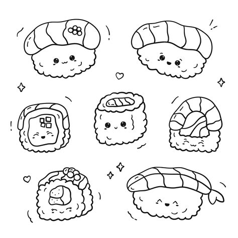 Set di sushi e panini kawaii lineari Libro da colorare di cibo asiatico