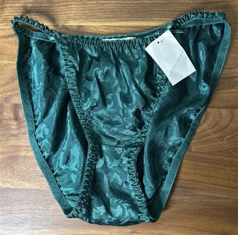 Vtg String Bikini PANTIES SATIN Second Skin Green Bow Sz M NWT Shiny