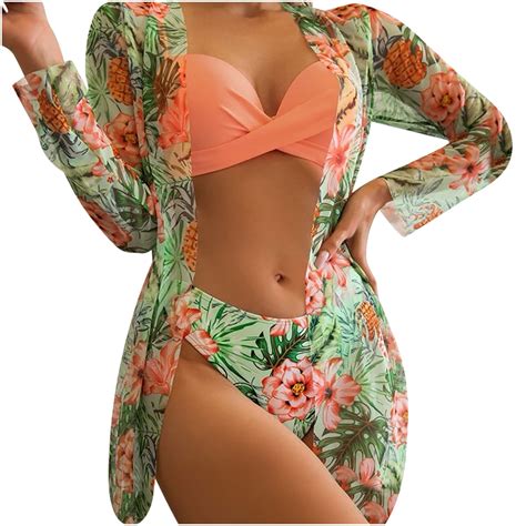 Wreesh Womens Piece Swimsuits Tropical Print Bikini Set With Kimono Beach Cover Ups Fashion