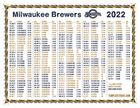 Printable 2022 Milwaukee Brewers Schedule