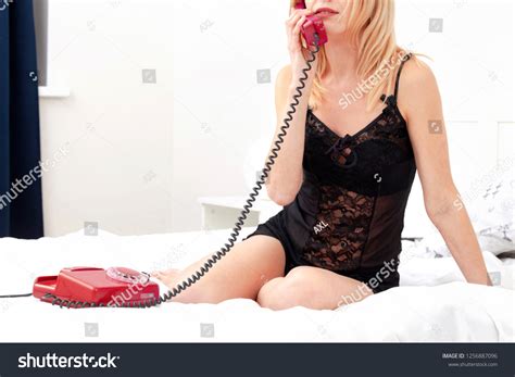 Blonde Woman Black Lingerie Using Telephone Stock Photo Shutterstock