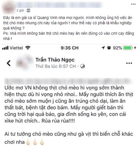Gay gắt nguyền rủa người ăn và bán thịt chó Thảo Ngọc em gái ca sĩ Quang Vinh khiến cộng đồng