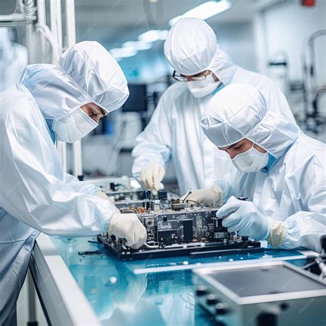 Electronics manufacturing cleanroom workers in white suits and masks