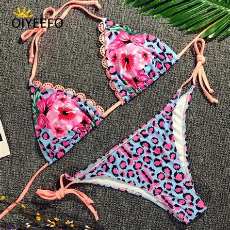 Oiyeefo Halter Lace Brazilian Bikini Floral Print Pink Leopard Women S