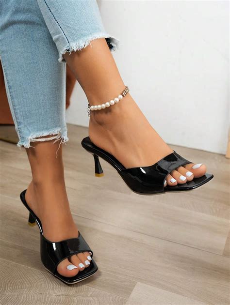 Women Retro Square Toe Thin Heels Nude Color Sandals Distinctive Design Slip On Mules Summer