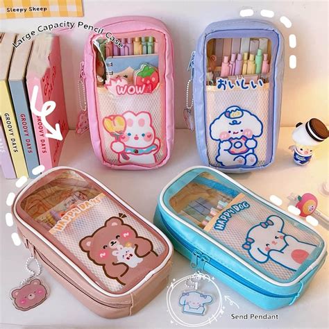 Dww Bleu Trousse Crayons Transparente Avec Pendentif Kawaii Trousse