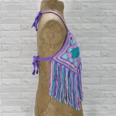 Hand Crafted Tops Hand Crafted Cropped Top Crochet Bralette Bikini Mermaid Fringe Granny