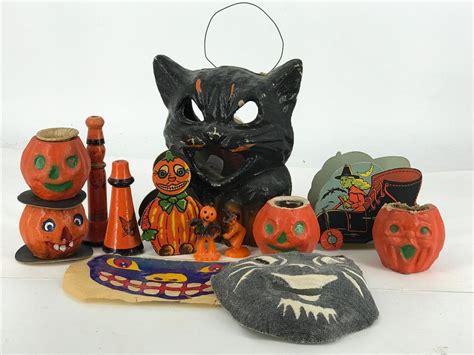 Lot Box Lot Vintage Halloween Decor Including 7 Cat Paper MachÉ Lantern With A Paper Face 4