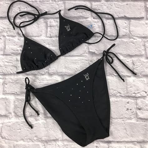 PLAYBOY Swim Y K Playboy Licensed Rhinestones Classic Black String Bikini Size Poshmark