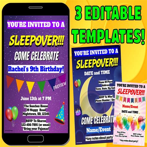 Sleepover Party Invitations Three Personalized Editable Templates On