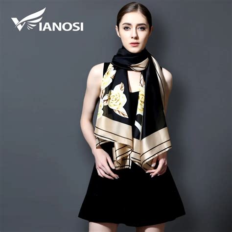 VIANOSI 2017 Fashion Bandana Long Shawls Gold Printing Silk Scarf