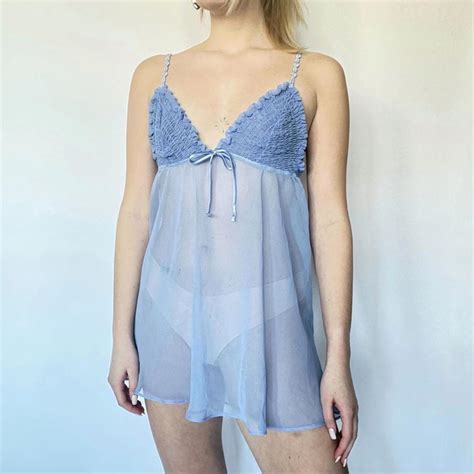 Vintage Blue Sheer Babydoll Lingerie Slip Top Depop