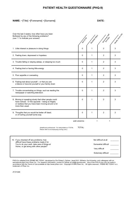 Patient Health Questionnaire Phq 9 Pfizer Inc Fill Out Sign