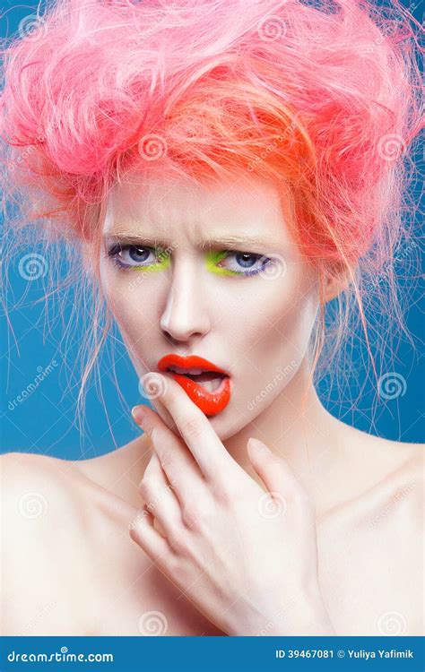 Portrait Of Beautiful Girl With Pink Hair Stock Image Image Of Makeup