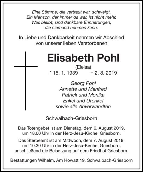 Traueranzeigen Von Elisabeth Pohl Saarbruecker Zeitung Trauer De