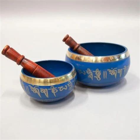 Round Head Shape Printed Blue Brass Singing Bowl Set For Relaxation