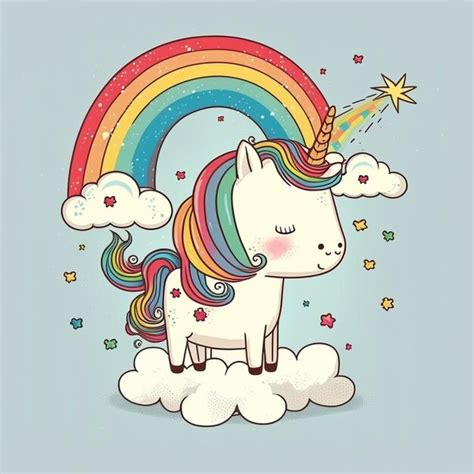 Unicornio De Dibujos Animados Con Arco Iris Y Estrellas En Una Nube