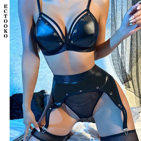 Ectooko Leather Lingerie Gothic Piece Mesh Briefs Wetlook Fancy