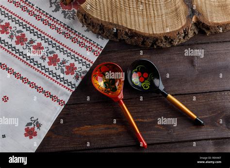 Wooden Russian Hand Painted Spoons And Tablecloth With A Traditional