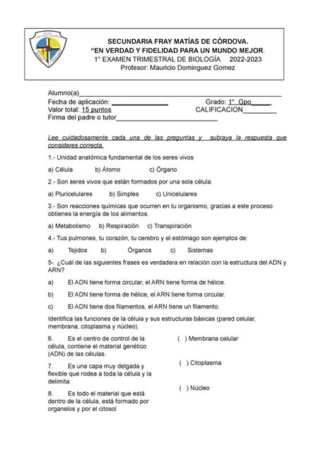 Examen biologia primer trimestre SECUNDARIA FRAY MATÍAS DE CÓRDOVA