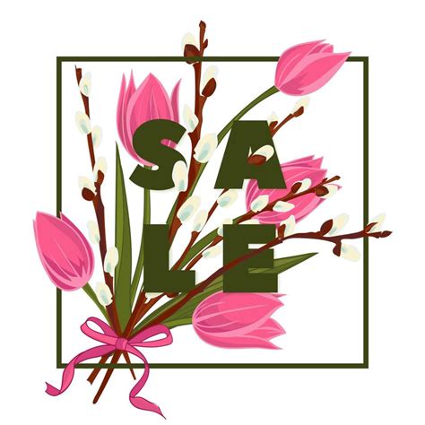 Floral Tulip And Pussy Willow Hand Drawn Colored Card Modern Typography With Text Sale 12859086
