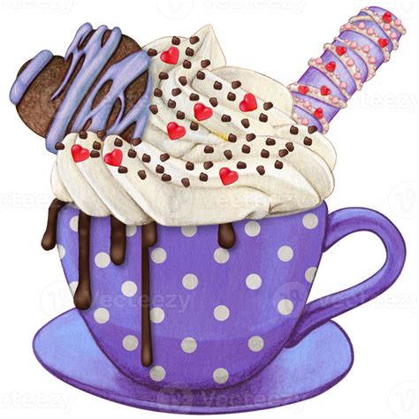 Watercolor Hand Drawn Dotted Chocolate Cup With Cream And Cookies