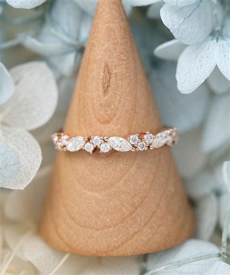 Marquise Cut Moissanite Wedding Band Vintage Rose Gold Wedding Band