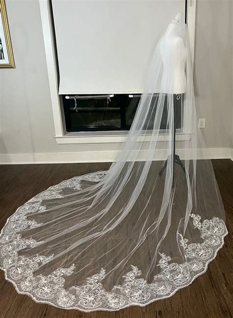 Regal Cathedral Length Bridal Veil with Lace Embroidered Trim and Sequ