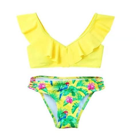Maillot de Bain Filles 2 Pièces Volants Imprimé Bikini Plage 8 14 ans Stretch Nager Jaune