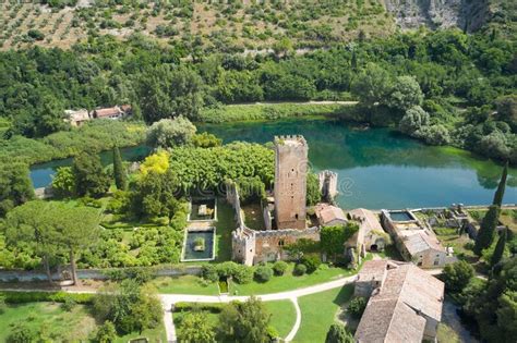 Frontal Aerial View Of The Gardens Of Ninfa In The Country Of Cisterna Di Latina Stock Image