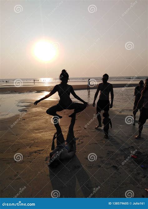 Ashvem Beach Yoga on Sunset. Goa, India. Editorial Image - Image of