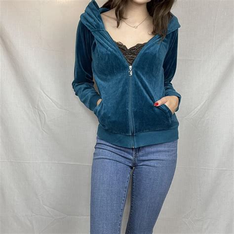 Juicy Couture Teal Velour Jacket Has Rhinestones Depop