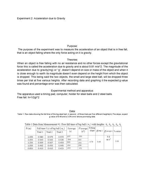 Exp 2 Exp 2 Pdf Experiment 2 Acceleration Due To Gravity Lab Date