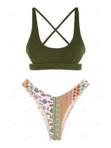 ZAFUL Textured Criss Cross Ethnic Floral Print High Cut Bikini Set In