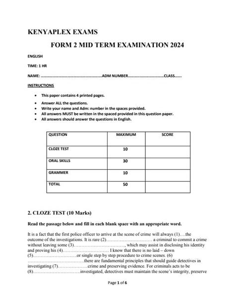 Form 2 English Mid Term 1 Examination 2024 2059