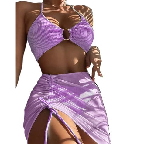 Bikini Sets For Women S Piece Bathing Suits Halter Ring Bikini Set With Cover Up Skirt Womens