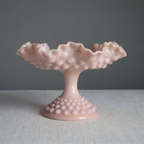 Vintage Pink Hobnail Milk Glass Footed Compote By Fenton 1950s Rose Pastel Pedestal Bowl In