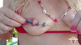 Nippleringlover Hot Mom Nude In Pool Extreme Stretching See Through Pierced Nipples Close Up