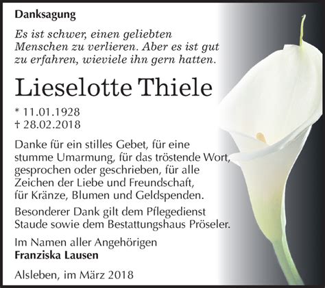 Traueranzeigen Von Lieselotte Thiele Abschied Nehmen De