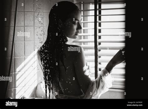Sexy Art Photography Black And White Naked Lady Nude Shower At Bathroom Window Shade Light And