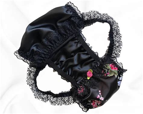 BLACK SATIN FLORAL Silky Sissy Frilly Lace Bikini Tanga Knickers Briefs Panties 13 99 PicClick UK
