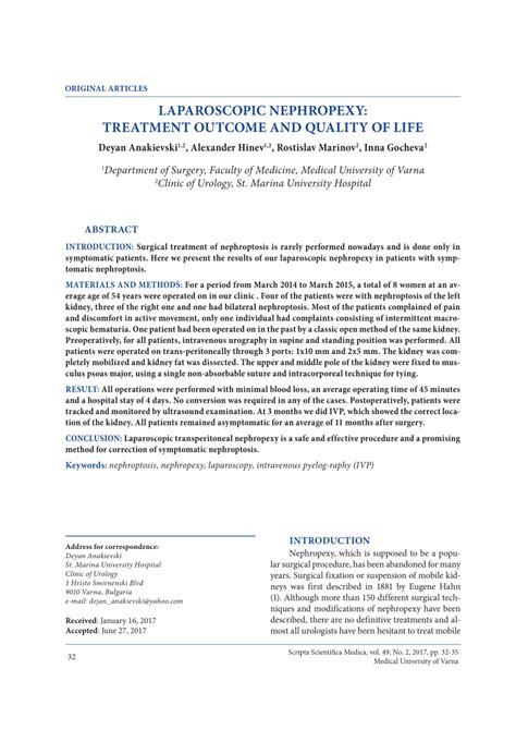 laparoscopic nephropexy treatment outcome  quality  life