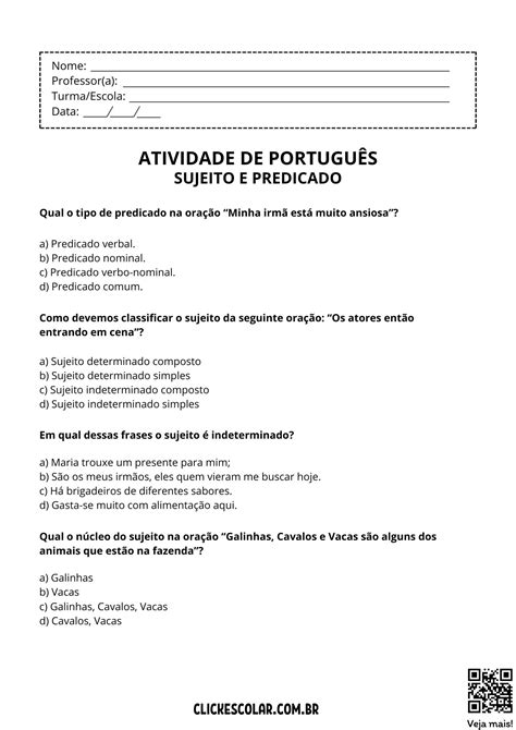 Texto Para Trabalhar Sujeito E Predicado 7o Ano Com Gabarito