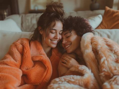 A Happy Lesbian Couple In Peach Fuzz Outfits Sharing A Joyful Moment In A Cozy Living Room