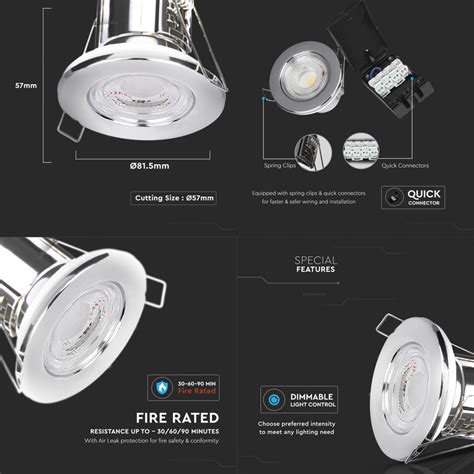 V TAC LED 5W Integrated Dimmable Fire Rated IP65 Downlight Chrome 440lm