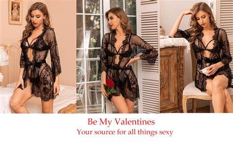 Besdel Women S Kimono Eyelash Lace Babydoll Lingerie Long Sleeve Mesh Nightgown With G String