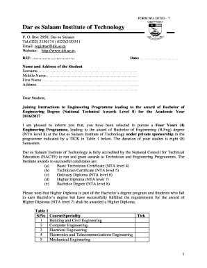 Fillable Online FORM NO DIT JI 7 Dar Es Salaam Institute Of Technology