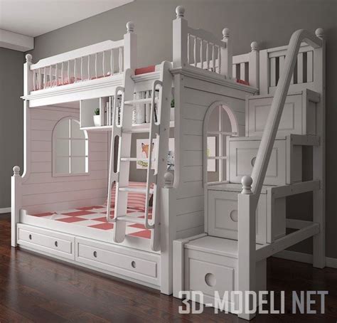 3D модель – Детская 2-х ярусная кровать со ступеньками