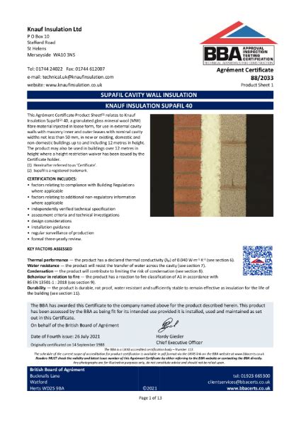 Knauf Insulation Supafil 40 BBA Certificate 88 2033 NBS Source