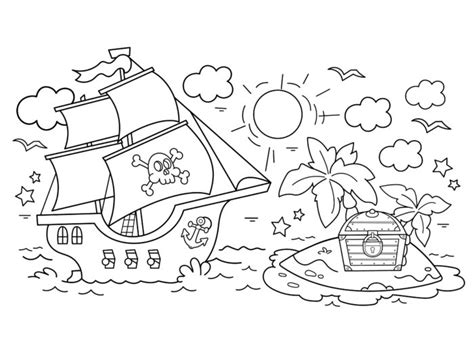 Coloriage bateau de pirates et l île aux trésors à imprimer